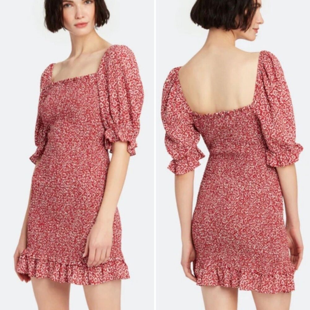 Auguste The Label Marlowe Shirred Square Neck Mini Dress Red 12